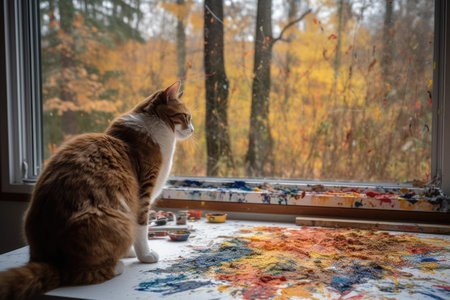 cat artist creating abstract painting, with view of the outdoors visible behind, created with generative aiの素材
