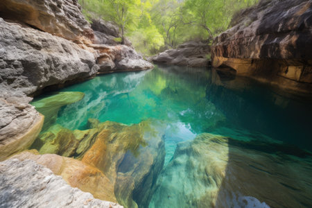 natural rock formation with crystal-clear pool of water, created with generative aiの素材