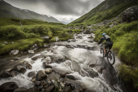mountain biker riding past rushing stream, with view of the valley beyond, created with generative aiの素材