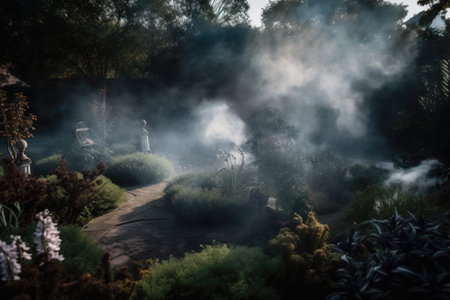 magical garden, with wisps of smoke drifting from the center and mysterious creatures lurking in the shadows, created with generative aiの素材