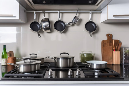 energy-efficient stovetop with smooth glasstop, pots and pans hanging above, created with generative aiの素材