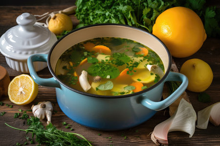 broth, with vegetables and herbs for immunity-boosting soup, created with generative aiの素材
