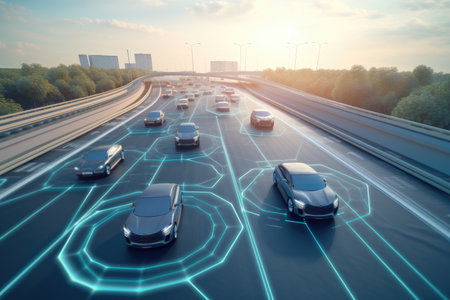 smart highway with automated, connected vehicles that communicate with each other and the road infrastructure, created with generative aiの素材
