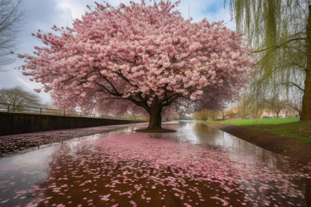 cherry blossom tree in full bloom, with pink petals floating down, created with generative aiの素材