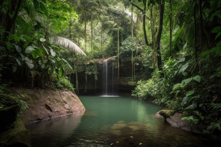majestic waterfall tumbling into pristine jungle pool, created with generative aiの素材