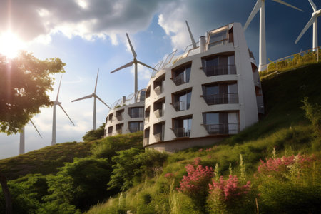 eco-friendly hotel, with solar panels and wind turbines providing energy for guests, created with generative aiの素材