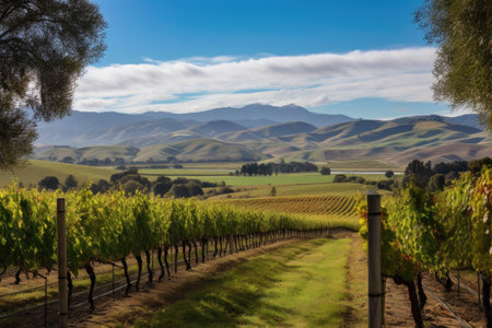 vineyard with rolling hills and distant mountain range in the background, created with generative aiの素材