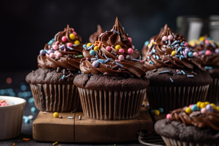 stack of chocolate cupcakes with piped frosting and sprinkles, created with generative aiの素材