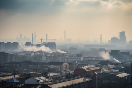 smoggy city skyline, with factory smoke and exhaust fumes in the distance, created with generative aiの素材