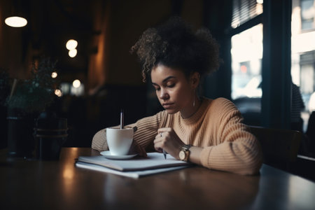 creative freelancer at work in a cafe, meeting clients and sipping coffee, created with generative aiの素材