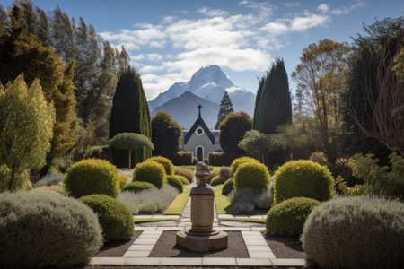 garden of the chapel, with towering peaks and clear skies visible in the background, created with generative aiの素材