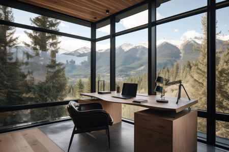 outdoorsy home office with view of mountains and forest, created with generative aiの素材