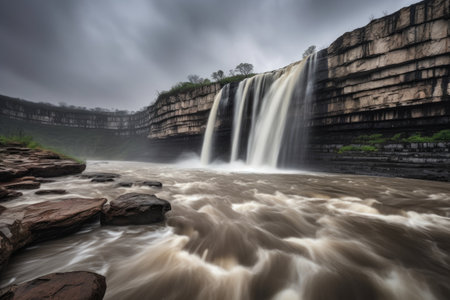 dramatic waterfall scene with stormy and windy sky in the background, created with generative aiの素材