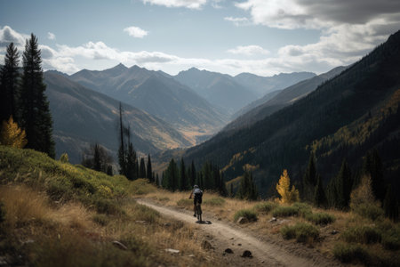 gorgeous mountain view with cyclist riding past in the foreground, created with generative aiの素材