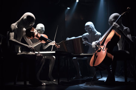 alien musicians playing their instruments in the darkness of a concert hall, with only the audience visible, created with generative aiの素材