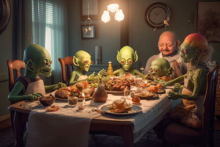 family of aliens enjoying time together around the dinner table, sharing a feast, created with generative aiの素材