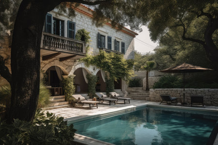 mediterrenian villa surrounded by pool and lush greenery, sunlight filtering through trees, created with generative aiの素材
