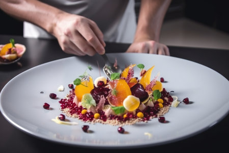 a cook, decorating a plate with fresh and colorful ingredients for an elegant and tasty meal, created with generative aiの素材