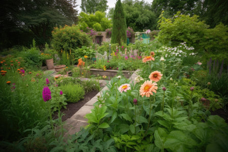closer shot of greenery and blooms in garden, with focal point of view, created with generative aiの素材