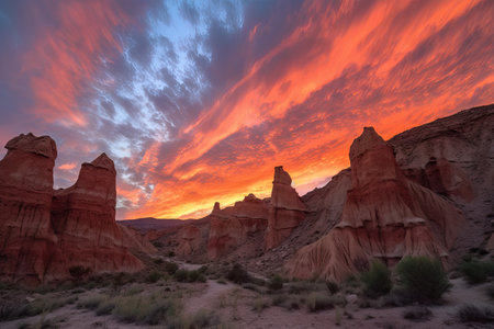 majestic sunset over fiery canyon, with silhouettes of towering rocks and clouds in the background, created with generative aiの素材
