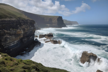 majestic coast, with towering cliffs and crashing waves against the shore, created with generative aiの素材