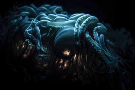 close-up of deep-sea creatures bioluminescent tentacles, surrounded by darkness, created with generative aiの素材