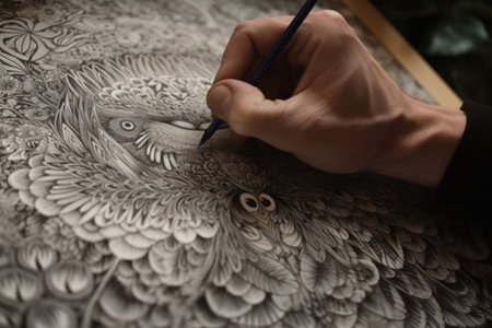 close-up of hand drawing intricate and detailed illustration, created with generative aiの素材