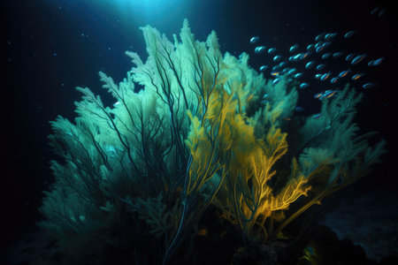 neon plant growing in the depths of the ocean, with schools of fish swimming above, created with generative ai