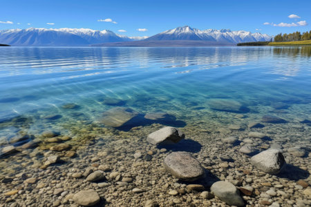 crystal-clear lake, with view of towering mountain range in the background, created with generative aiの素材
