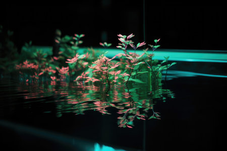 neon plant growing in pool of water, with reflections visible, created with generative aiの素材