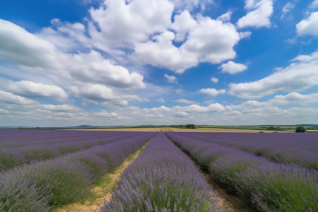 sea of lavender fields, with blue sky and fluffy clouds in the background, created with generative aiの素材