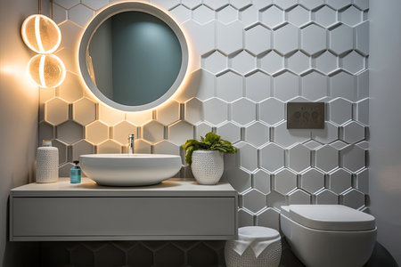 modern bathroom with round white wash basin, geometric tile, and sleek fixtures, created with generative aiの素材
