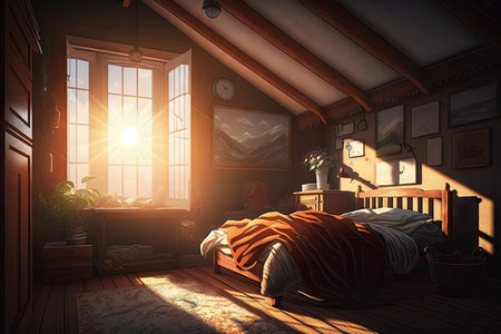 the sun rays light up a cozy bedroom, bringing warmth and comfort, created with generative aiの素材