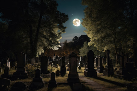 cemetery at night, with a full moon shining above, created with generative aiの素材