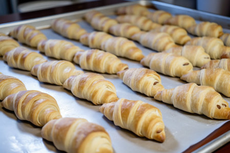 homemade croissants being rolled, ready for the final touches of shaping and baking, created with generative aiの素材