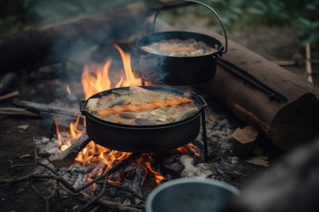 campfire cook with portable stove, preparing hot and delicious meal for hungry campers, created with generative aiの素材