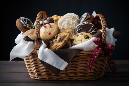 basket filled with holiday-themed cupcakes and cookies, ready to be given as a gift, created with generative aiの素材