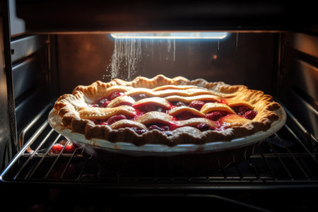 cherry pie baking in the oven, with a golden crust and red juices visible through the window, created with generative aiの素材