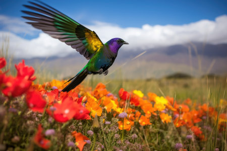 rainbow bird flying over blooming field of flowers, created with generative aiの素材