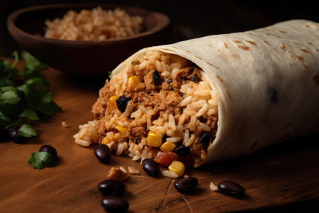a close-up of a burrito, with the ingredients and spices visible, created with generative aiの素材