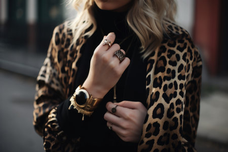leopard-print jewelry paired with a black outfit, created with generative aiの素材