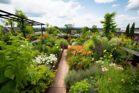 rooftop garden with lush greenery and blooming flowers, created with generative aiの素材