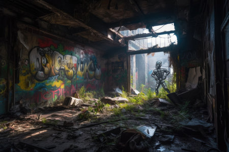 alien mural in abandoned building, showing the aliens view of humanity and our world, created with generative aiの素材
