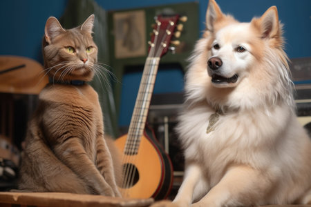 a dog and a cat, side by side, playing their instruments in unison, created with generative aiの素材