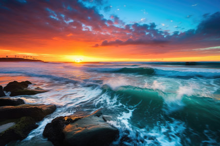vibrant sunrise over the ocean, with waves rolling in, created with generative aiの素材