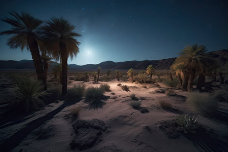 nighttime desert scene, with a full moon and starry sky above the oasis, created with generative aiの素材