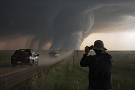 storm chaser capturing breathtaking shots of tornado touching down in field, created with generative aiの素材