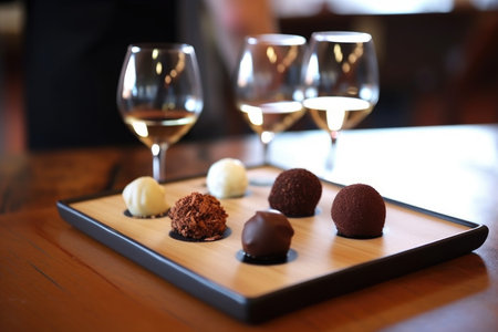 chocolate truffles and wine tasting flight at winery, created with generative aiの素材