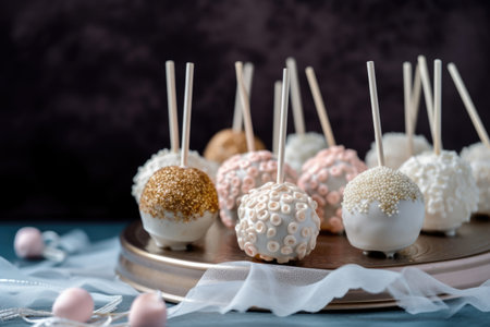 decorative cake pops sitting atop fluffy white frosting, created with generative aiの素材