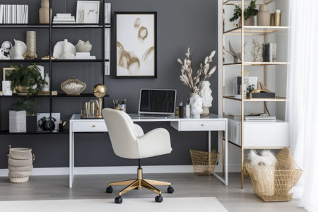 a beautifully organized home office, with sleek furniture and stylish accessories, created with generative aiの素材